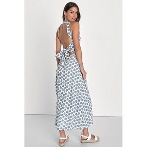 Lulus Ivory & Blue Floral Tie Back Midi Dress Size Large NWT